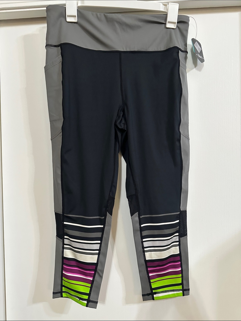 LuLaRoe Fearless Black  and Gray Capri Leggings with Pink, Purple & Lime Stripe